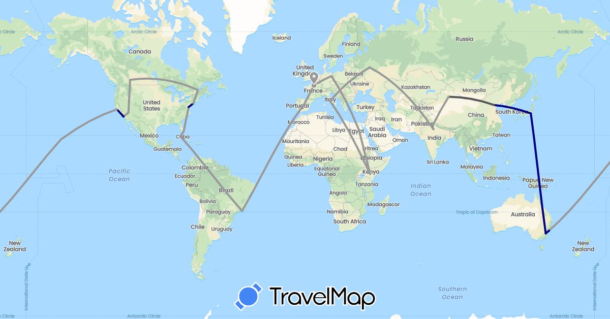 TravelMap itinerary: driving, plane, motorbike in Australia, Brazil, Canada, China, Cuba, Germany, Egypt, Spain, France, India, Italy, Japan, Kenya, Russia, United States (Africa, Asia, Europe, North America, Oceania, South America)